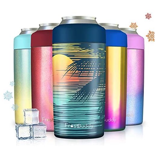 Frost Buddy Universal 2.0 5 Sizes in 1 Insulated Can Cooler - Stainless Steel Can Cooler for 12 oz & 16 oz Regular or Slim Cans & Bottles - Stainless Steel (Sunset Palm Trees)