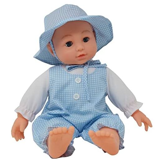 16 inch Realistic Baby Doll with Plush Body, Soft Vinyl Head & Extremities, Gingham Print Summer Outfit Bonnet Hat, Blinking Open & Close Eyes – Boxed 16” Kid’s Doll Gift for Toddler Girl, Boy (Blue)