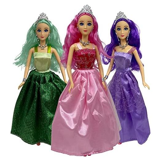Princess Doll Set for Girls, 3 Little Dolls for Dollhouse | 11.5” Princess Dolls for 3-12 Year Old Girls | Princess Toy Dolls with Pretty Mermaid Hair, Tiaras and Jewelry (Caucasian)