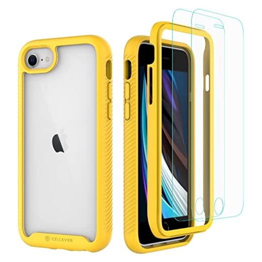 CellEver Compatible with iPhone SE 2020 Case/iPhone 7/iPhone 8 Case, Clear Full Body Heavy Duty Protective Anti-Slip Full Body Transparent Cover (2X Glass Screen Protector Included) - Yellow