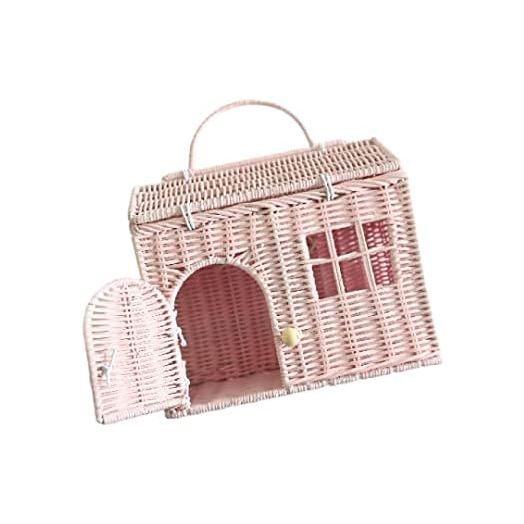 Rool Rattan House Shaped Basket Wicker Small Dollhouse Gift for Girls, Boho Toys, Mouse in a Box House, Little Girl Purse Clutch, Doll Carrier (Pink)