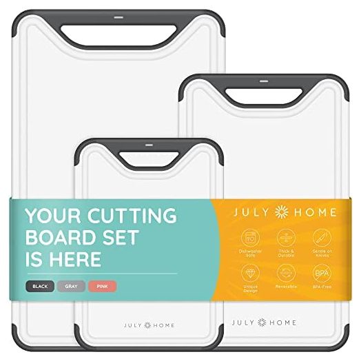 Cutting Boards for Kitchen - Plastic Cutting Board Set of 3, Dishwasher Safe Cutting Boards with Juice Grooves, Thick Chopping Boards for Meat, Veggies, Fruits, Easy Grip Handle, Non-Slip (Black)