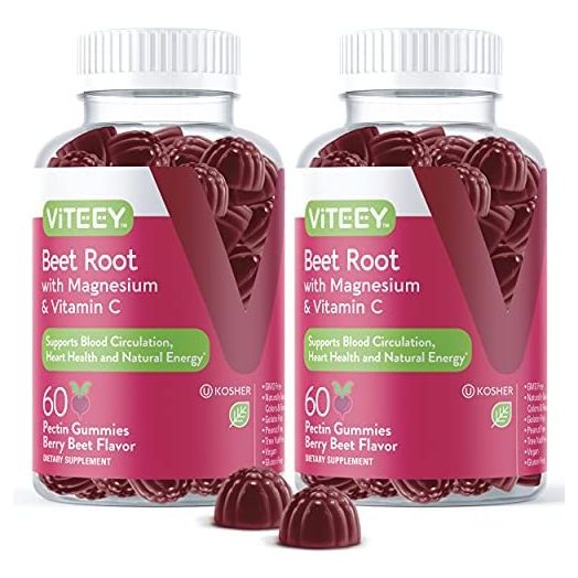 Beet Root Gummies with Magnesium & Vitamin C - Supports Healthy Circulation & Blood Pressure - Energy & Nitric Oxide Booster, Dietary Supplement & Immune Health - Berry Beet Flavor [60 Count 2 Pack]