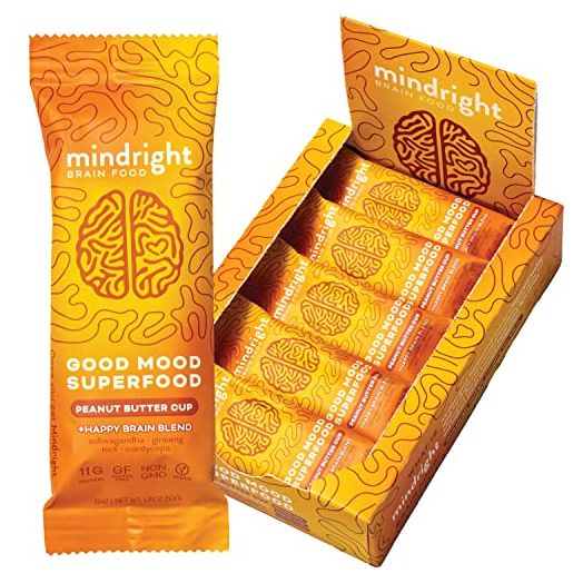 Mindright Superfood Vegan Protein Bar | Gluten Free, Non-Gmo, Low Sugar | Brain Food Snack to Enhance Mood, Energy, and Focus | Peanut Butter Cup | Pack of 12