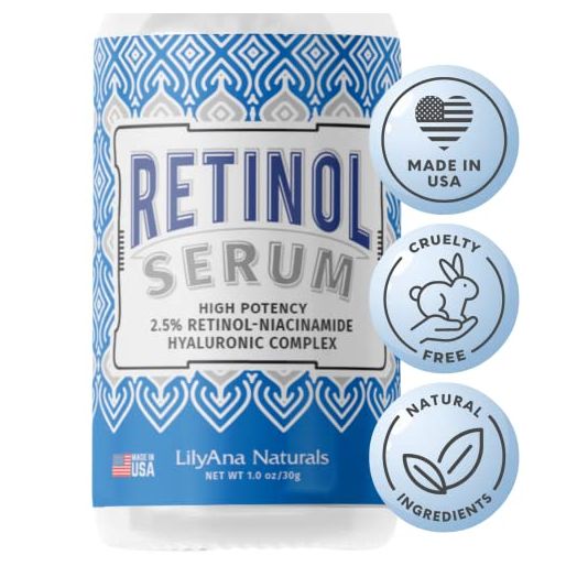 Retinol Serum by LilyAna Naturals - Retinol Serum for Face has pure retinol (2.5%) for effective treatment of dark spots and acne scars - 1oz (1-Pack)