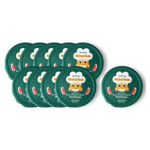 Made by Nacho Wet Cat Food, Grass-Fed, Grain-Finished Minced Beef in Bone Broth for Hydration with Prebiotics for Digestive Health, High Protein, 2.5oz Cups (10 Pack)