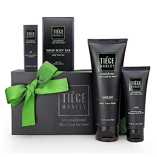 Tiege Hanley Men's Skin Care Gift Set | 4 Products | Face Wash, Moisturizer w SFP, Lip Balm w SPF and a Bonus Travel Size Lightly Exfoliating Bar Soap | Uncomplicated Skin Care Routine