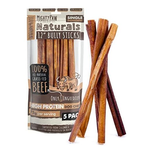 Mighty Paw Naturals Bully Sticks | All-Natural Protein-Rich Dog Chews from Grass-Fed Beef. Single-Ingredient Odor Free Pet Treat for Dental Health. Keeps Chewers Busy