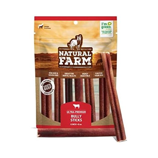 Natural Farm Odor-Free Bully Sticks (6 Inch, 6 Ounces), Packaged by Weight, 100% Beef Chews, Grass-Fed, Fully Digestible Treats to Keep Your Puppies, Small and Medium Dogs Busy