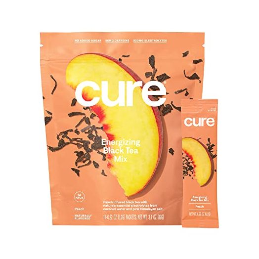 Cure Peach Tea Energizing Hydration Mix - Natural Energy Drink with Electrolytes and Caffeine | Made with Coconut Water | No Added Sugar | Vegan | Pouch of 14 Energy Packets - Peach Tea