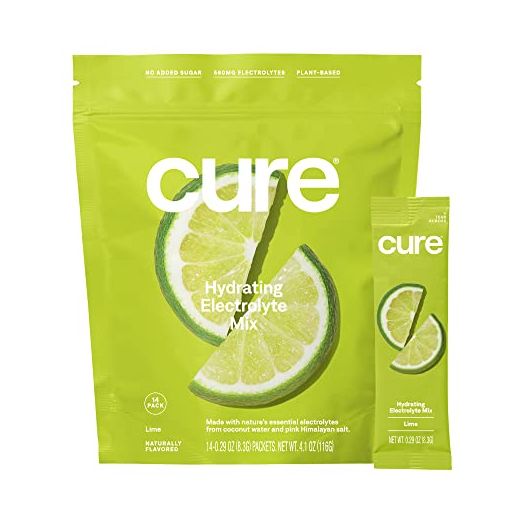 Cure Hydrating Electrolyte Mix | Electrolyte Powder for Dehydration Relief | Made with Coconut Water | No Added Sugar | Vegan | Paleo Friendly | Pouch of 14 Hydration Packets - Lime Flavor