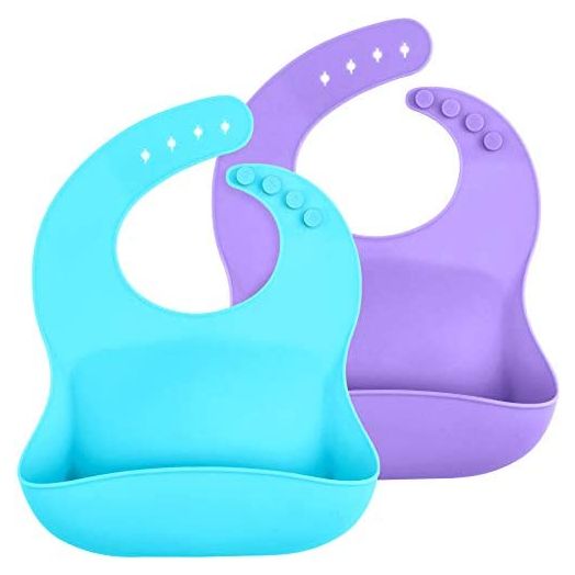 WeeSprout Waterproof Silicone Baby Bibs (Set of 2) | Pocket to Catch Food
