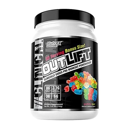 Nutrex Outlift Clinically Dosed Pre Workout Powder with Creatine, 6G BCAA, 8G Citrulline, 3.2G Beta Alanine | Energy, Performance, Pump Preworkout Supplement for Men and Women | Gummy Bear 30 Serving