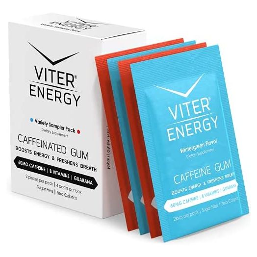 Viter Energy Caffeinated Gum - 2 Flavor Variety Sampler. 60mg Caffeine, B Vitamins, Guarana, Sugar Free Vegan Chewing Gum. Zero Calories. Performance Nootropic Chews for Powerful Focused Energy Boost