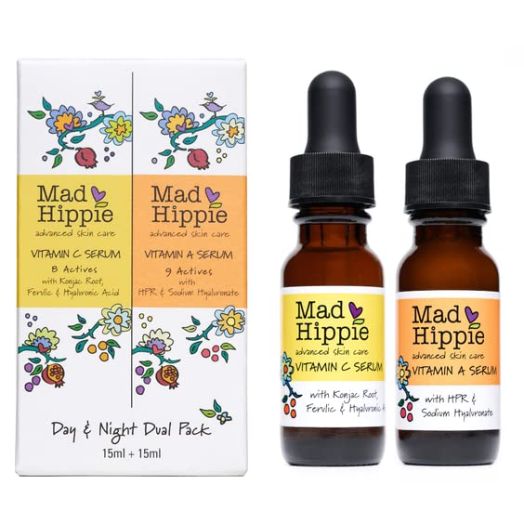 Mad Hippie Skin Care Set, Day & Night Dual Pack Includes 1 - Vitamin C Serum with Vitamin E & 1 - Vitamin A Serum with HPR & Aloe, Natural Vegan Active Ingredients, Travel Size, 0.5 Fl Oz Ea
