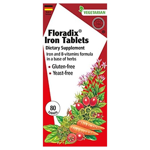 Floradix, Iron Tablets Vegetarian Supplement for Energy Support, 80 Count