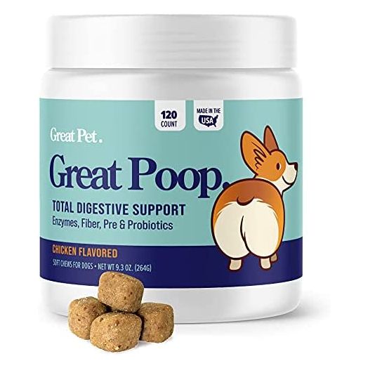 Great Poop Probiotics for Dogs and Cats - A Fiber for Dogs & Cat Supplement with Dog Probiotics and Digestive Enzymes for a Healthy Gut, Firm Stool & Diarrhea Relief - Chicken Flavored Pet Soft Chews with Prebiotics