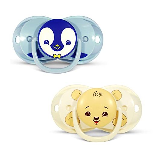 RaZbaby Keep-it-Kleen Baby Pacifier 2 Pack, 0-36M (Infant-3 yrs), Closes Automatically When Dropped, Silicone Orthodontic Nipple Stays Clean, Built-in Shield/Case, Easy to Clean – Bear/Penguin