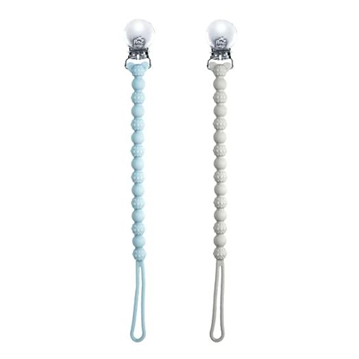RaZbaby Silicone Pacifier Holder 2 Pack, RaZzies Durable Textured Lanyard Fits Most Pacis Toys, 100% Soft BPA-Free Silicone, Attachable Clasp, Universal Fit, Lightweight – Blue/Grey