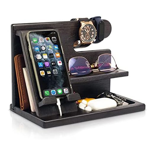 TESLYAR Wood Phone Docking Station Ash Key Holder Wallet Stand Watch Organizer Men Gift Husband Wife Anniversary Dad Birthday Nightstand Purse Father Graduation Male Travel Idea Gadgets (Black)
