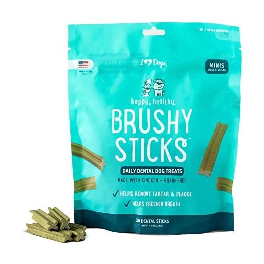 iHeartDogs Brushy Sticks - Dental Treats for Dogs Removes Plaque and Tartar Buildup - Grain-Free Dog Teeth Cleaning Chews Made with Chicken - 30 Mini Sticks
