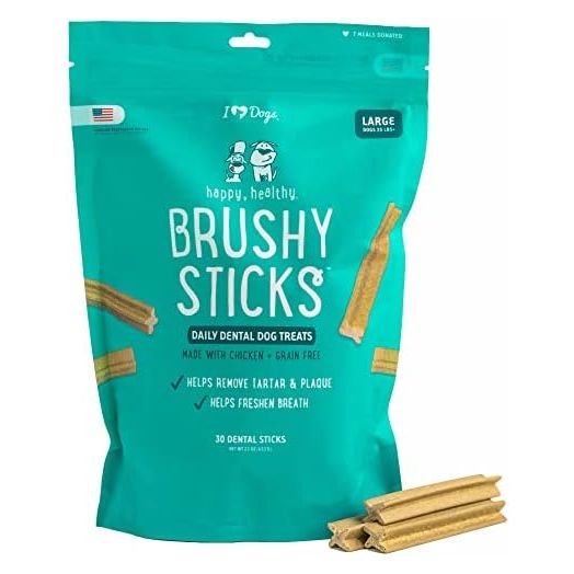 iHeartDogs Brushy Sticks - Dental Treats for Dogs Removes Plaque and Tartar Buildup - Grain-Free Dog Teeth Cleaning Chews Made with Chicken - 30 Large Sticks