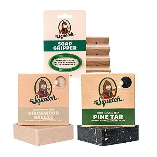 Dr. Squatch Basic Squatch Forest Pack - Pine Tar and Birchwood Breeze - Handmade Bar Soap With Organic Oils, Soap Gripper and Saver
