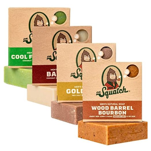 Dr. Squatch Men's Soap Variety 4 Pack - Wood Barrel Bourbon, Gold Moss, Bay Rum, Cool Fresh Aloe