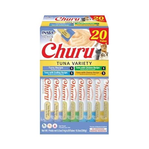 INABA Churu Cat Treats, Lickable, Squeezable Creamy Purée Cat Treat with Green Tea Extract & Taurine, 0.5 Ounces Each Tube, 20 Tubes, Tuna Variety Box