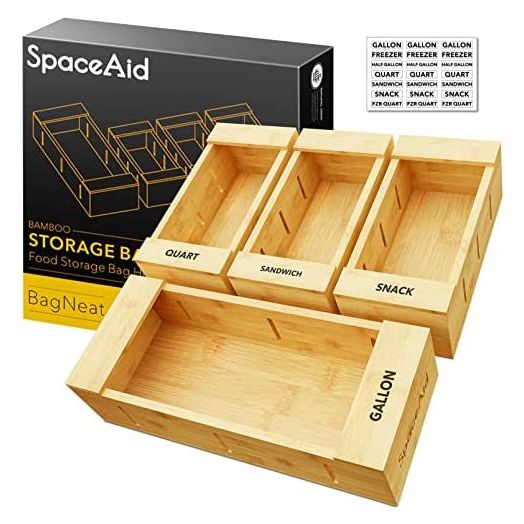 SpaceAid Bag Storage Organizer for Kitchen Drawer, Bamboo Organizer, Compatible with Gallon, Quart, Sandwich and Snack Variety Size Bag (4 Pack)