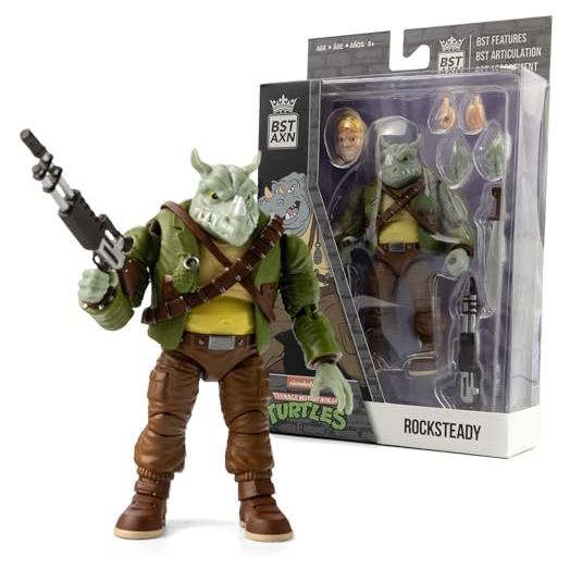 The Loyal Subjects BST AXN Teenage Mutant Ninja Turtles Rocksteady 5" Action Figure with Accessories, Multicolored