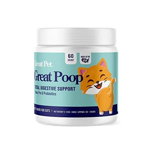 Great Poop Probiotics for Cats - Fiber, Prebiotics, Cat Probiotics and Digestive Enzyme Supplement - for a Healthy Gut, Firm Stool & Diarrhea Relief - Chicken Flavored Pet Soft Chews Treats
