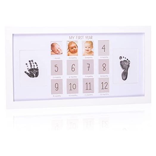 Hapinest My First Year Baby Handprint and Footprint Keepsake Monthly Picture Photo Frame - Neutral Nursery Wall Décor Baby Shower Registry Gifts for New Moms and Dads