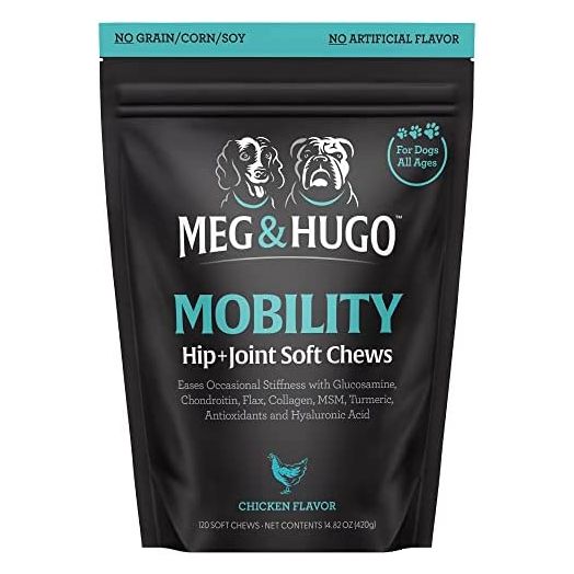 Meg & Hugo Hip & Joint Supplement for Dogs, 33% More 120 Soft Chew with Glucosamine, Chondroitin, Collagen, MSM, Turmeric, Hyaluronic Acid, Flaxseed, Vitamin C & E, Mobility Chews, Vet Recommended