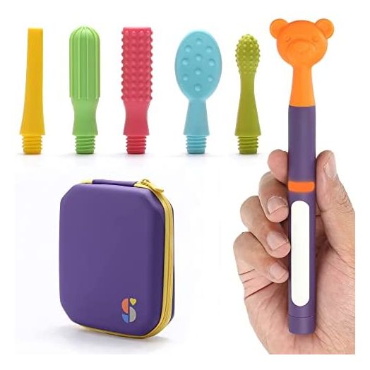 Special Supplies Buzz Buddy Oral Stimulation kit with 6 Soft Textured Interchangeable Heads, Calm Sensory Needs, Support Speech, and Stimulate Self Feeding, Gentle Vibrations