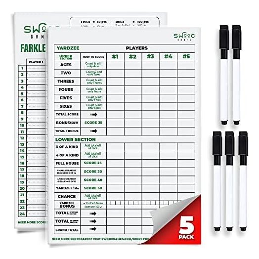 SWOOC Games - 5 Big Dry Erase Yardzee & Farkle Score Cards with 5 Markers (11.5in x 8in) | Large Laminated Reusable Pads & Pens for Giant Dice Games | Jumbo Yardzee Score Card and Farkle Score Sheets