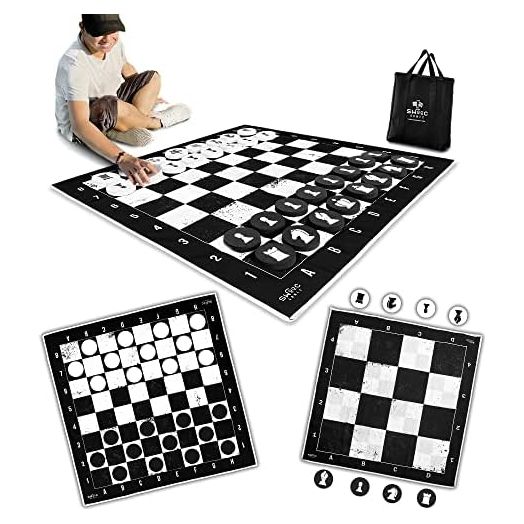 SWOOC Games - 3-in-1 Giant Checkers, Chess, & Chess Tac Toe Game with Mat (4ft x 4ft) - Machine-Washable Canvas & 5" Big Foam Discs - Giant Chess Set Outdoor & Checkers Board Game for Adults & Kids