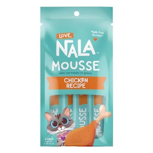 LOVE, NALA - Natural Lickable Cat Squeeze Up Treat, Topper - Chicken Plus Prebiotic Mousse - Wet Food Cat Puree - Grain Free, Fiber Blend, Minerals, Vitamins - 4 Pack 2 oz.