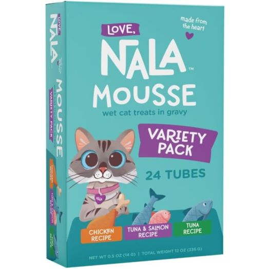 LOVE, NALA - Natural Lickable Cat Squeeze Up Treat,Topper - VARIETY PACK Mousse - Wet Food Cat Puree - Grain Free, Fiber Blend, Minerals, Vitamins - 24 pack 12 oz.