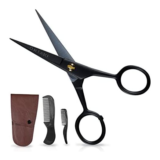 ONTAKI Professional German Beard & Mustache Scissors With Comb & Carrying Pouch - Hand Forged With Bevel Edge For Precision - Perfect Men’s Facial Hair Grooming Kit For All Body or Facial Hair (Black)