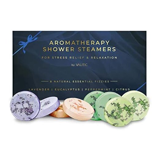 Valitic Aromatherapy Shower Steamers for Stress Relief and Relaxation - Gifts for Women Mom Birthday 8 Natural Essential Fizzies Shower Bombs - 4 Scents - Lavender, Eucalyptus, Citrus, and Peppermint