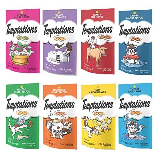 Temptation Classic Tasty Cat Treats Variety Pack 8 Flavors ( Tantalizing Turkey, Chicken, Hearty Beef, Tuna, Creamy Dairy, Blissful Catnip,Savory Salmon, Seafood Medley) 3oz Each with Petlewa Box