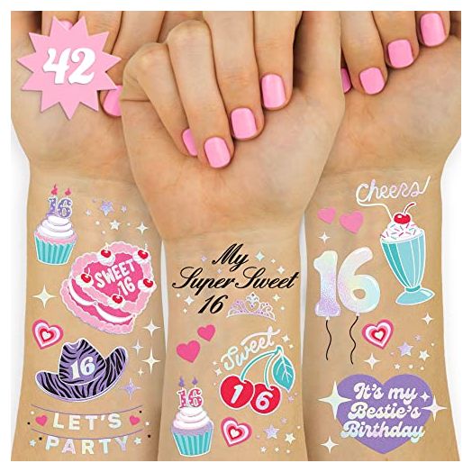 xo, Fetti Sweet 16 Birthday Temporary Tattoos - 42 Metallic Styles | Sixteen Birthday Party Decorations, 16th Bday, Bday Girl Gift, Birthday Goodie Bag Favor