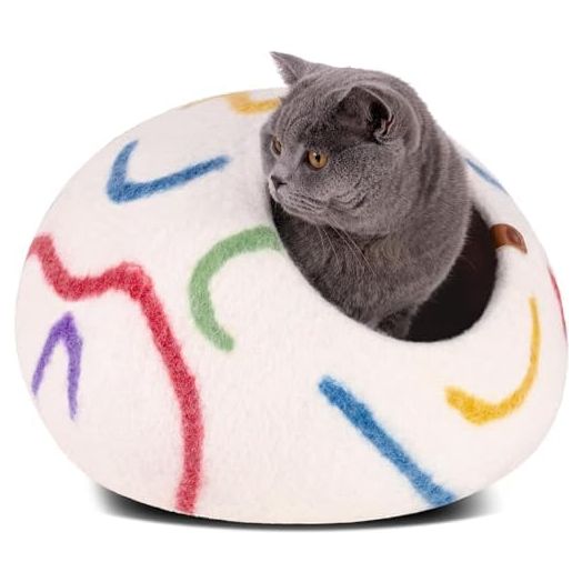 MEOWFIA Premium Felt Cat Bed Cave - Handmade 100% Merino Wool Hideaway House for Cats and Kittens (Vivid Shades) (Large, Ivory Rainbow)