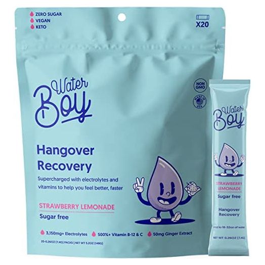 Waterboy Hangover Relief Electrolyte Powder Packets - 3170mg of Electrolytes for Adults to Help with Dehydration, Anxiety, and Nausea- 20 Drink Stick Mixes (Strawberry Lemonade)