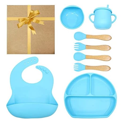 PUREFRESHNESS Baby Led Weaning Feeding Set 8 pcs, Infant Food Plates Bowl Kit, Self-Eating Utensils for Toddlers, Silicone Plate Bib Cup Forks Spoons (BRIGHT BLUE)