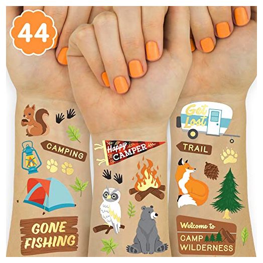 xo, Fetti Camping Party Supplies Temporary Tattoos - 44 Metallic Styles | Outdoor Wilderness Birthday, Forest Animals Favors, Gone Fishing Bday