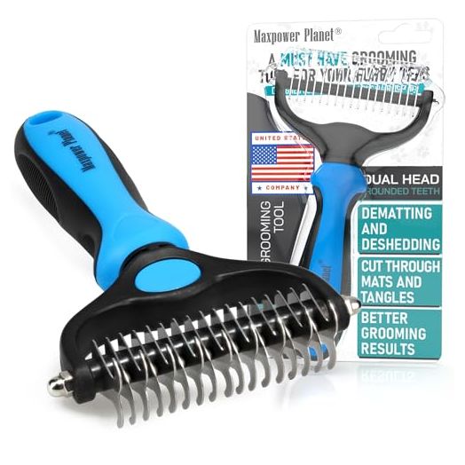 Maxpower Planet Pet Grooming Brush - Double Sided Shedding, Dematting Undercoat Rake for Dogs, Cats - Extra Wide Dog Grooming Brush, Dog Brush for Shedding, Cat Brush, Reduce Shedding by 95%, Blue