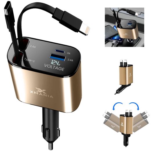 4 in 1 Retractable Car Charger - Super-Fast 120W Car Charger Retractable Cord 2.6 Ft with 2 USB C Ports, and Voltage Display, Compatible with All iPhone, Samsung, and Pixel Phones, Gold
