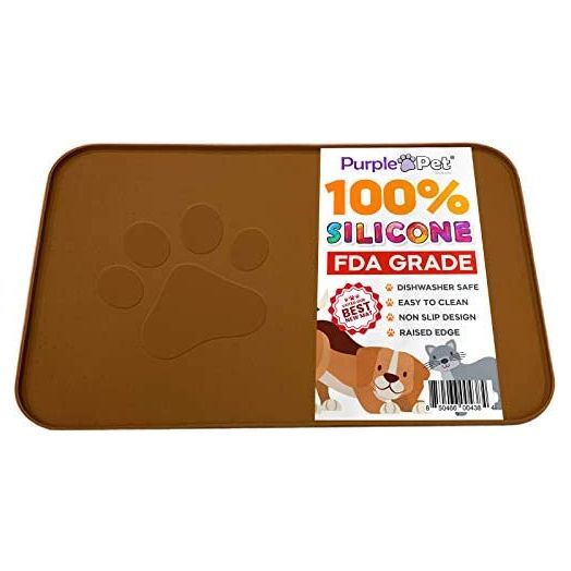 iPrimio Extra Large Pet Food Mat with Logo - Food Grade Silicone Cat Dog Feeding Mat - Dog Bowl Mat for Food and Water - Prevent Pet Water Food Spills - Protects Flooring - Non Slip - Large Brown